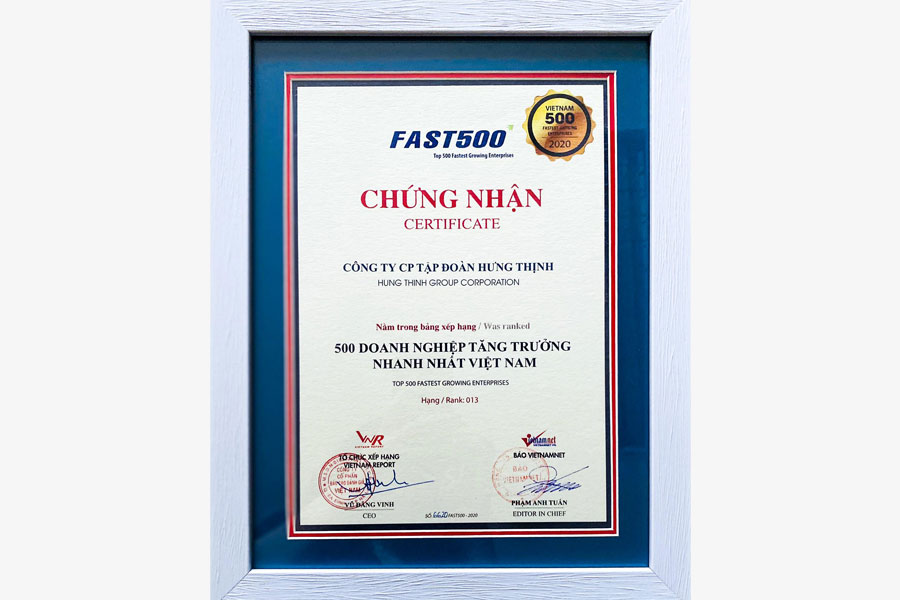 Tập đoàn Hưng Thịnh vào Top 500 Doanh nghiệp tăng trưởng nhanh nhất Việt Nam 2020